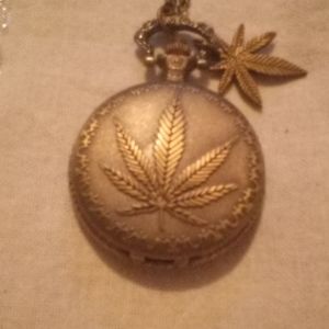 leaf pocket watch with leaf charm and 30 inch chain